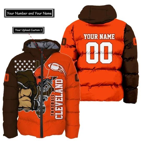 Cleveland Browns Custom Name and Number Hooded Puffer Jacket, Football Team Jacket, Winter Gift