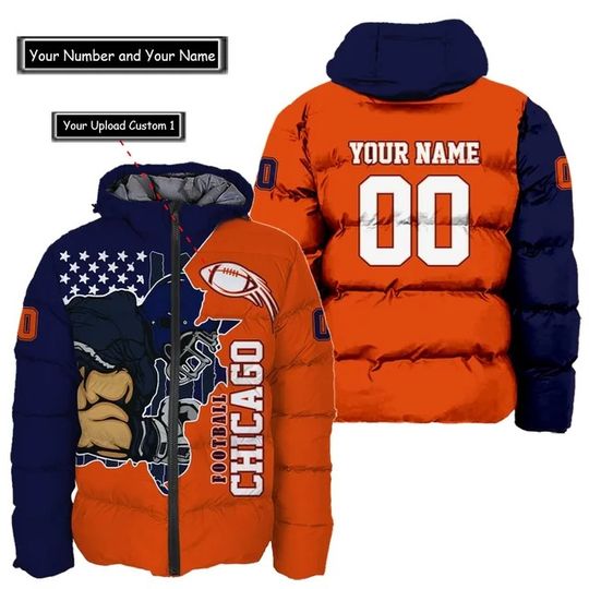 Chicago Bears Custom Name and Number Hooded Puffer Jacket, Football Team Jacket, Winter Gift