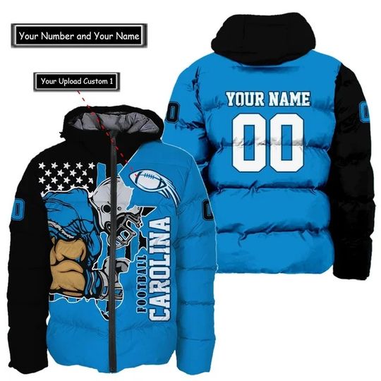Carolina Panthers Custom Name and Number Hooded Puffer Jacket, Football Team Jacket, Winter Gift