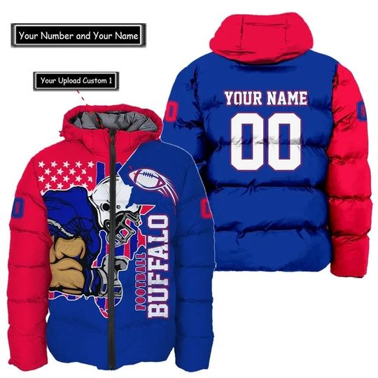 Buffalo Bills Custom Name and Number Hooded Puffer Jacket, Football Team Jacket, Winter Gift