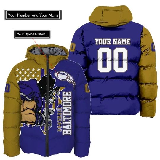 Baltimore Ravens Custom Name and Number Hooded Puffer Jacket, Football Team Jacket, Winter Gift