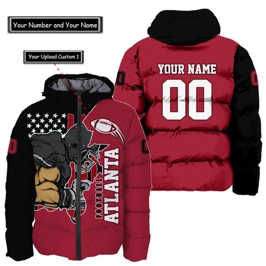 Atlanta Falcons Custom Name and Number Hooded Puffer Jacket, Football Team Jacket, Winter Gift