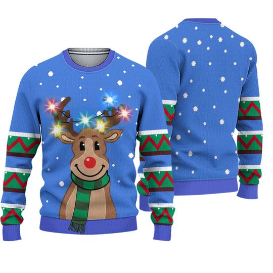 Women's LED Light Up Blue Reindeer Christmas Ugly Sweater with Light Bulbs, XL