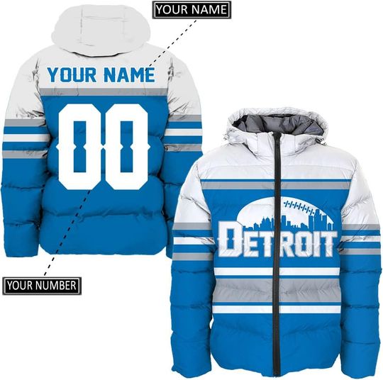 Personalized Detroit Football Team Lions Men's Hooded Puffer Jacket