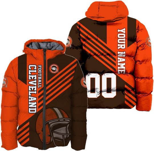 Personalized Cleveland Football Team Browns Men's Hooded Puffer Jacket