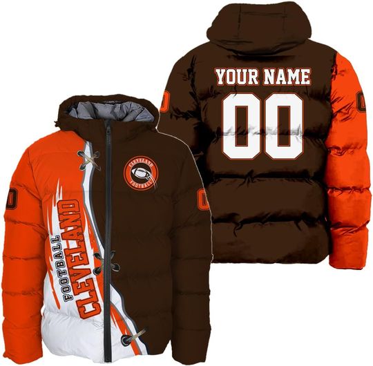Discover Personalized Cleveland Football Team Browns Men's Hooded Puffer Jacket