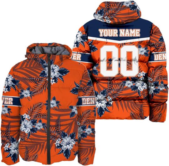 Discover Men Football Custom Name Number Floral Flower Puffer Coat Lightweight Hooded Insulated Winter Windproof Down Jacket