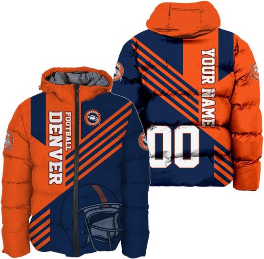 Discover Men Football Custom Name Number Logo Puffer Coat Lightweight Hooded Insulated Winter Windproof Zipper Down Jacket