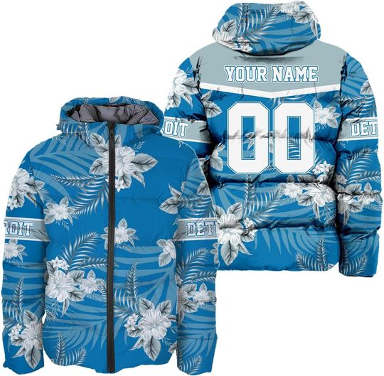 Discover Men Football Custom Name Number Floral Flower Puffer Coat Lightweight Hooded Insulated Winter Windproof Down Jacket