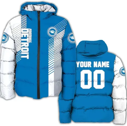 Personalized Detroit Football Team Lions Men's Hooded Puffer Jacket