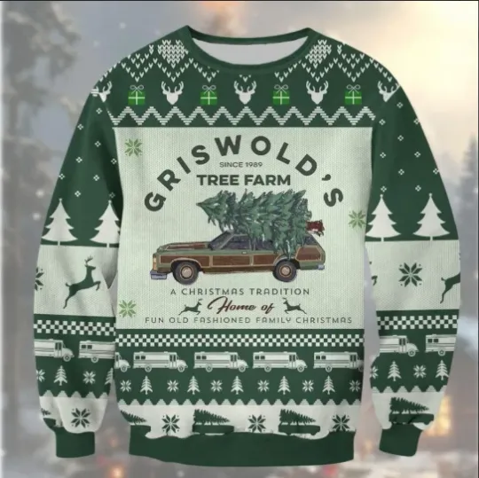 Discover Griswold’s Tree Farm Ugly Christmas Sweater Vintage Holiday Car Jumper YXS–5XL