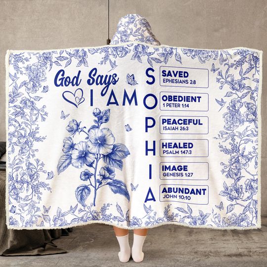 Discover God Says I Am Name Letter In Bible Toile De Jouy Style, Personalized Wearable Blanket Hoodie, Custom Scripture Gift, Religious Gift
