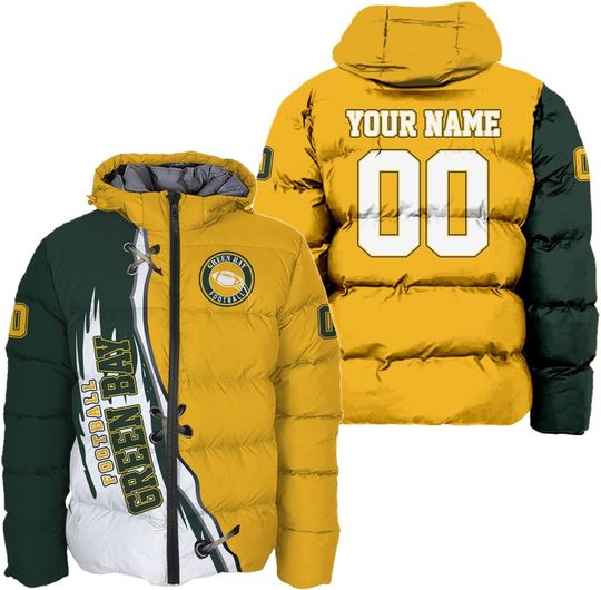 Discover Personalized Green Bay Football Team Packers Men's Hooded Puffer Jacket