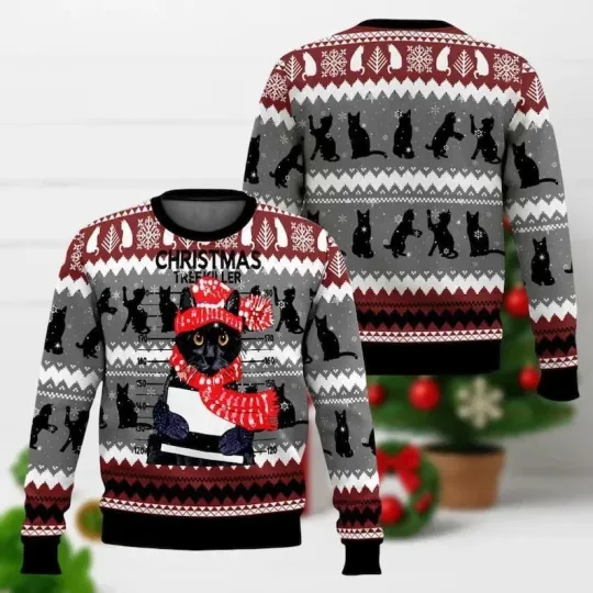 Christmas Tree Killer Cat Mugshot Ugly Sweater Funny Holiday Jumper Grey Black