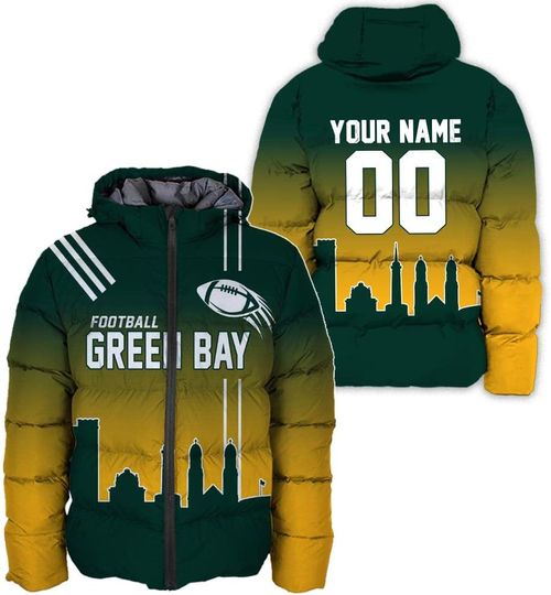Personalized Green Bay Football Team Packers Men's Hooded Puffer Jacket