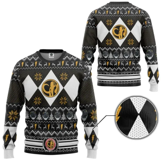 3D MMPR Black Ranger Ugly Christmas Long Sleeve Sweater