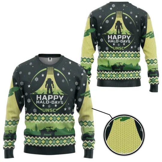 Discover 3D Halo Happy Halo Days Ugly Christmas Long Sleeve Custom Sweater