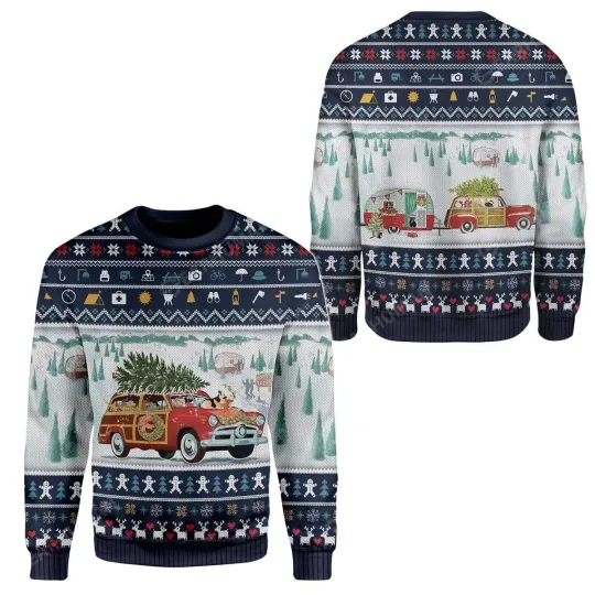 Ugly Dog Pickup Retro Camper Wagon Christmas Sweater Apparel