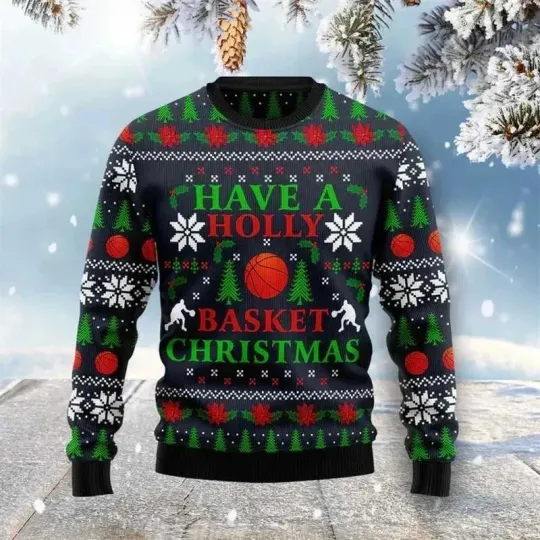 Discover Basketball Christmas Sweater Funny Ugly Xmas Jumper Have a Holly Basket Unisex