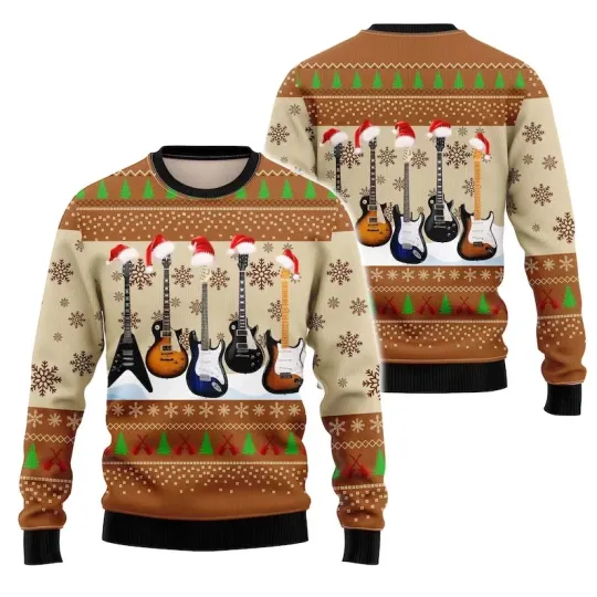 Electric Guitar Ugly Christmas Sweater Musician Rock Band Santa Hat Holiday Gift