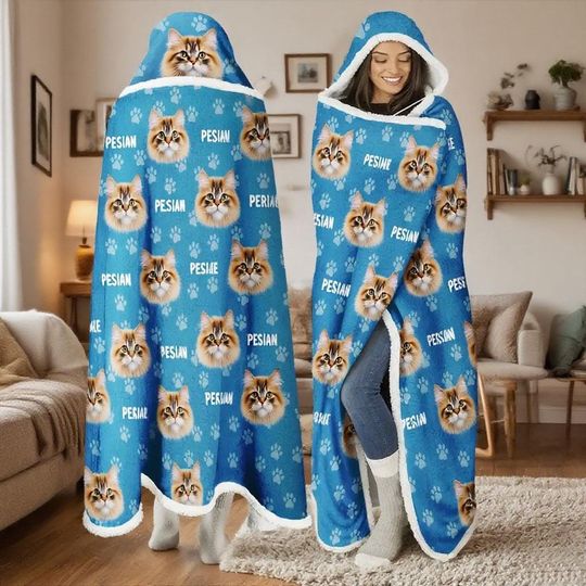 Custom Pet Face Hooded Blanket  Funny Personalized Wearable Throw for Dog Cat Mom Dad Family, Cozy Fleece or Sherpa Gift for Pet Lovers
