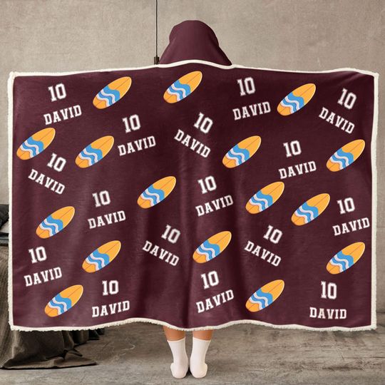 Surfboard Christmas Wearable Hooded Blanket  Personalized Name Cozy Fleece Hoodie Throw, Cute Xmas Gift for Kids, Teens and Family