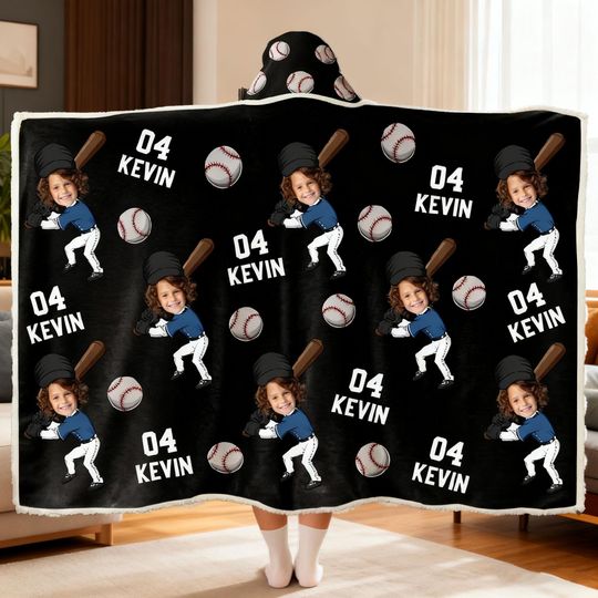 Funny Baseball & Softball Hoodie for Kids  Custom Face Sports Blanket, Personalized Photo Gift