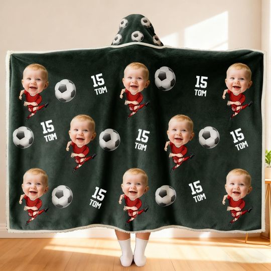 Discover Custom Face Soccer Hoodie  Personalized Photo Wearable Blanket, Sports Gift for Kids or Teens