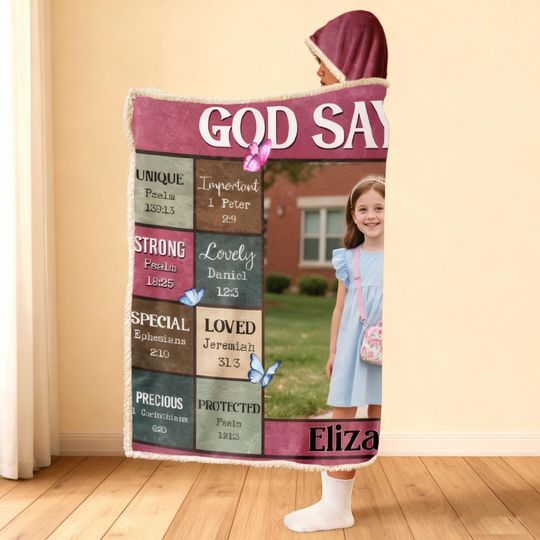 Discover God Says I Am Kids Hoodie  Personalized Photo Blanket, Christian Affirmation Gift for Boys & Girls