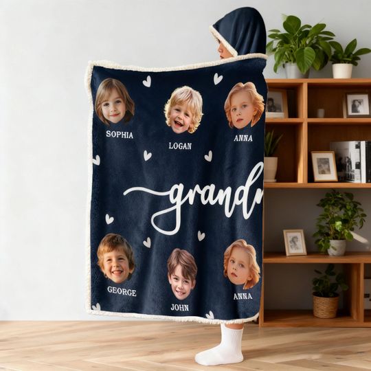 Custom Kid Face Grandma Hoodie  Funny Personalized Blanket Gift from Grandkids, Cozy Family Present