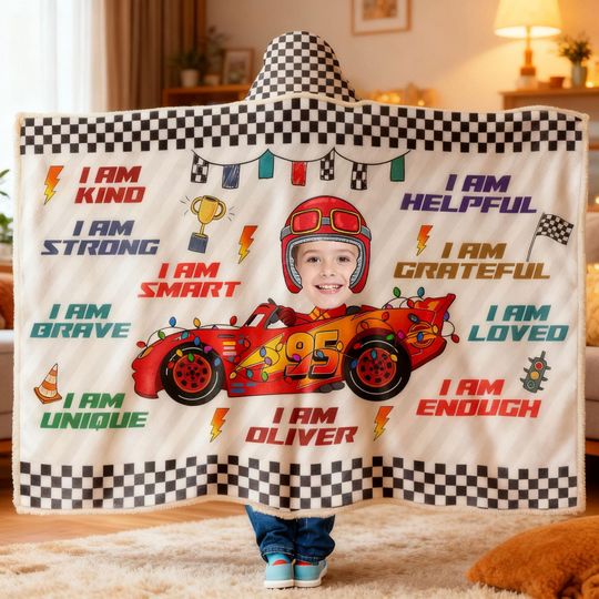 Discover Custom Kid Face Car Toy Hoodie  Personalized Photo Wearable Blanket for Boys, Fun Affirmation Gift