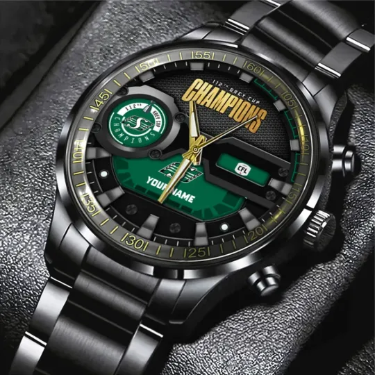 Discover Saskatchewan Roughriders 2025 Grey Cup Champions Black Stainless Steel Watch