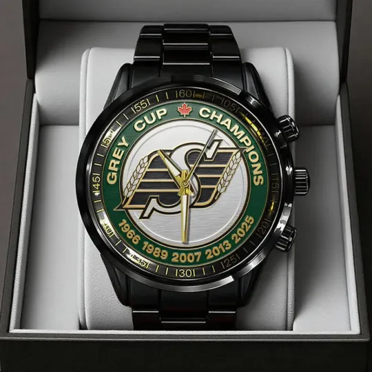 Discover Saskatchewan Roughriders 2025 Grey Cup Champions Black Stainless Steel Watch