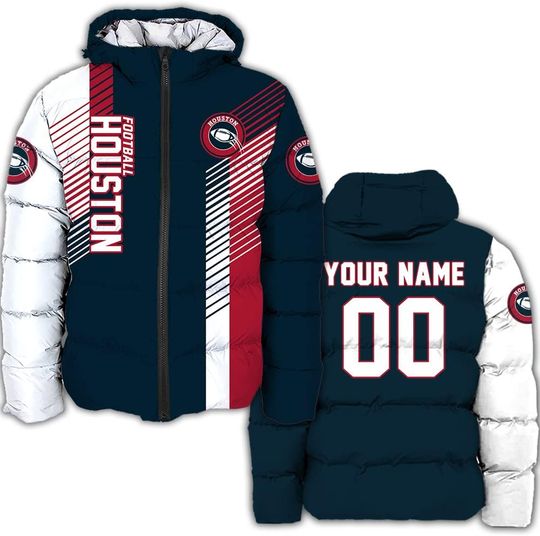 Personalized Houston Football Team Texans Men's Hooded Puffer Jacket