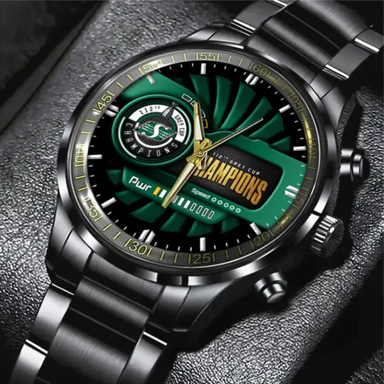 Discover Saskatchewan Roughriders 2025 Grey Cup Champions Black Stainless Steel Watch
