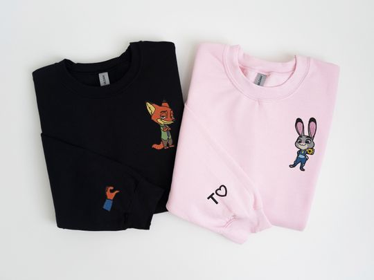 Zootopia Embroidered Crewneck Sweatshirt: Nick Wilde & Judy Hopps Matching Couple Gift