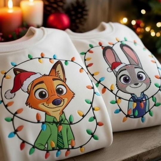 Discover Nick and Judy Christmas Light Embroidered Sweatshirt, Disney Zootopia Couple Christmas Shirt, Disneyland Trip Shirt Gift