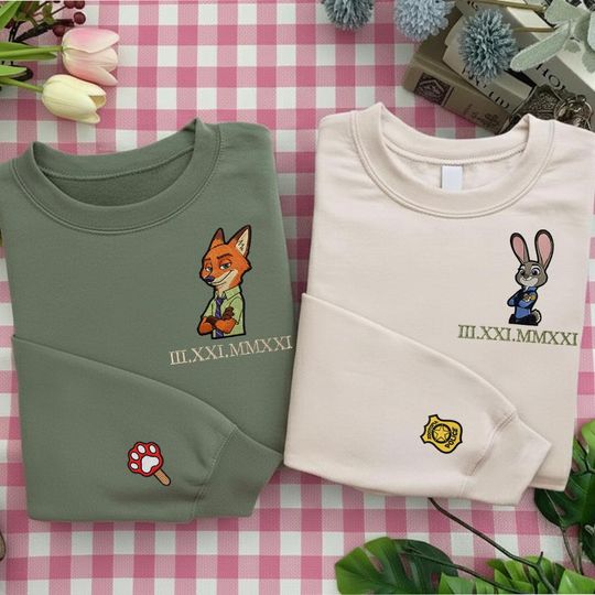 Zoo Cartoon Embroidered Sweatshirt, Funny Couple Embroidered Sweatshirt, Custom Roman Number Couple Sweatshirt, Best Frined Shirt