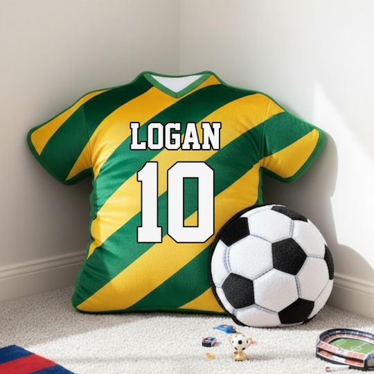 Discover Personalized Soccer Jersey Pillow, Custom Initial Pillow with Name and Number, Football Team Player Gift, Game Day Room Decor, Fan Boy Gift.
