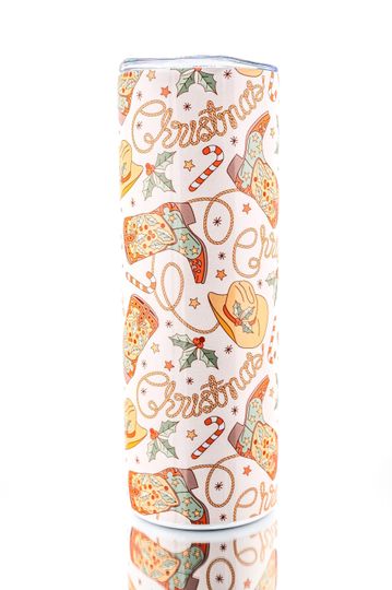 Discover Western Christmas 20oz Skinny Tumbler, Retro Cowgirl Holiday Cup, Country Cowboy Boots & Hat Design, Vintage Rope Text Pattern, Stainless St