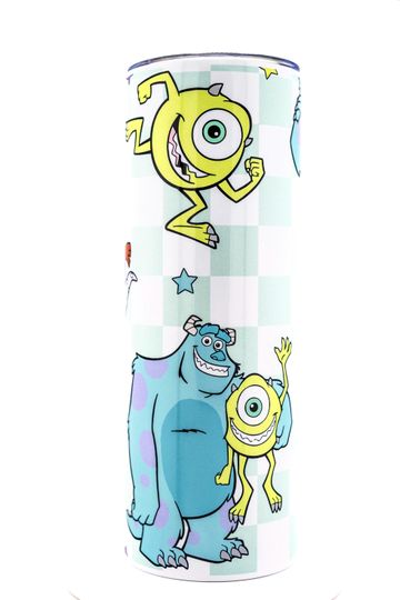Cute Monsters Inc Tumbler 20oz Sully Mike Wazowski Boo Randall Stainless Steel Skinny Travel Cup with Lid Pastel Checkered Design Pixar