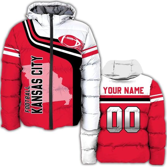 Personalized Kansas City Football Team Chiefs Men's Hooded Puffer Jacket