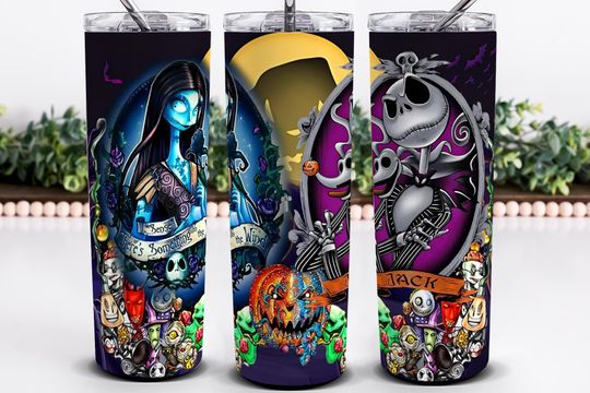 20oz Jack Skellington and Sally Halloween Spooky Season Skinny & Tapered Wrap, Couple Halloween Tumbler, Nightmare before Christmas Design