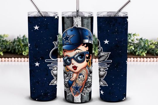 Discover Cute Betty Blue Neon Tumbler Wrap, Betty Cowboys Tumbler Design, 20oz Skinny Love Tumbler Wrap, Betty Girl Cartoon Tumbler