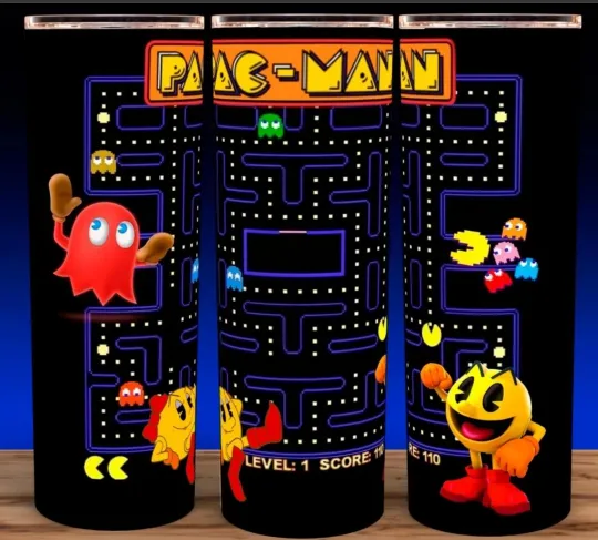 Discover Pac Man and Mrs Pac Man with Ghost High Score Videogame Cup Mug Tumbler 20oz