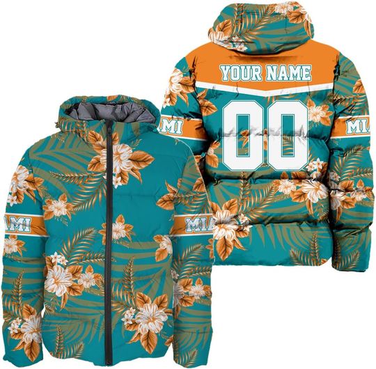 Discover Men Football Custom Name Number Floral Flower Puffer Coat Lightweight Hooded Insulated Winter Windproof Down Jacket