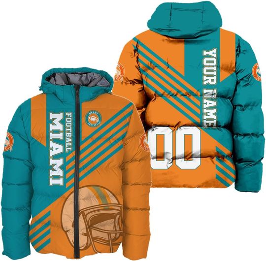 Discover Men Football Custom Name Number Logo Puffer Coat Lightweight Hooded Insulated Winter Windproof Zipper Down Jacket