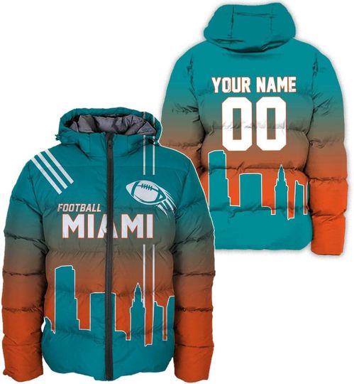 Personalized Miami Football Team Dolphins Men's Hooded Puffer Jacket