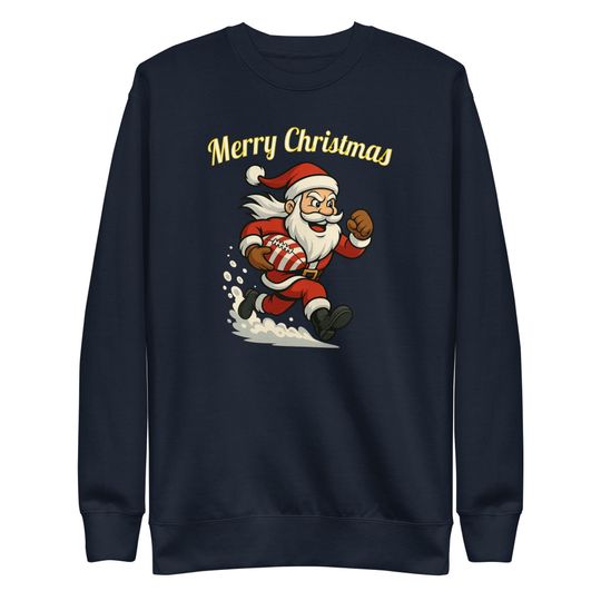Discover Funny Santa Football Sweatshirt: Christmas Sports Parody Tee  Santa Running with Candy Cane Football  Holiday Gift for Football Fans