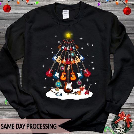Discover Guitar Christmas Tree Jumper, Santa rocking with Guitar Sweatshirt, Electric Guitar Jumper, Rock Guitarist Apparel, Guitar Lover Gift 2457